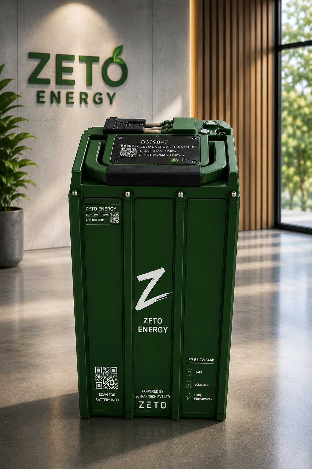 Zeto Energy LFP battery, model B699847, rated 51.2V 45Ah 2,304Wh