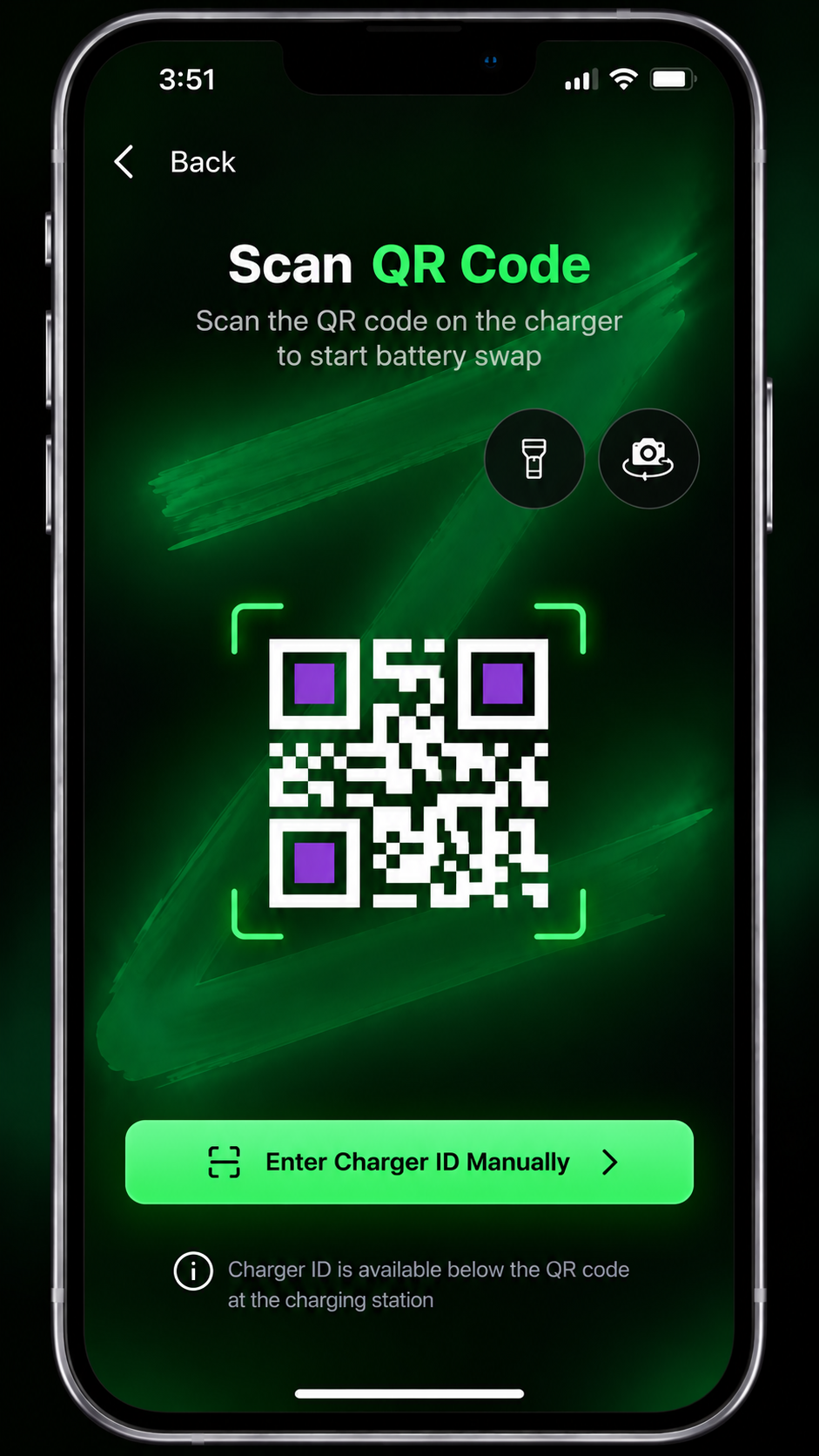 Zeto Pilot app screen: Scan QR Code to start battery swap
