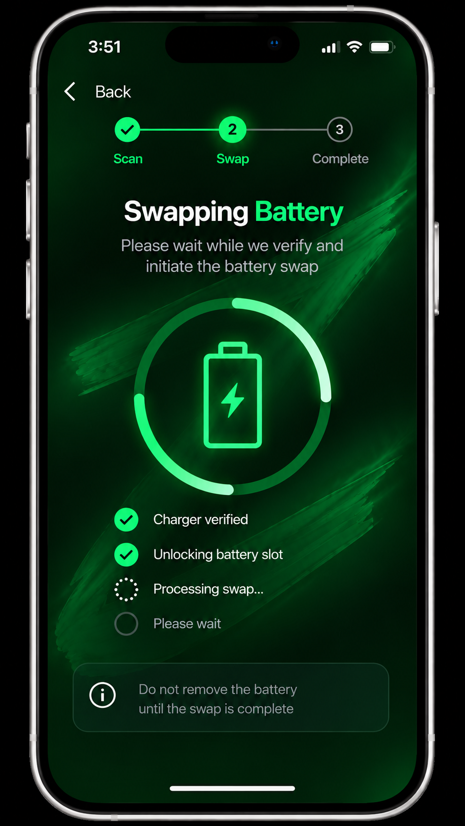Zeto Pilot app screen: Swapping Battery, verifying and processing the swap