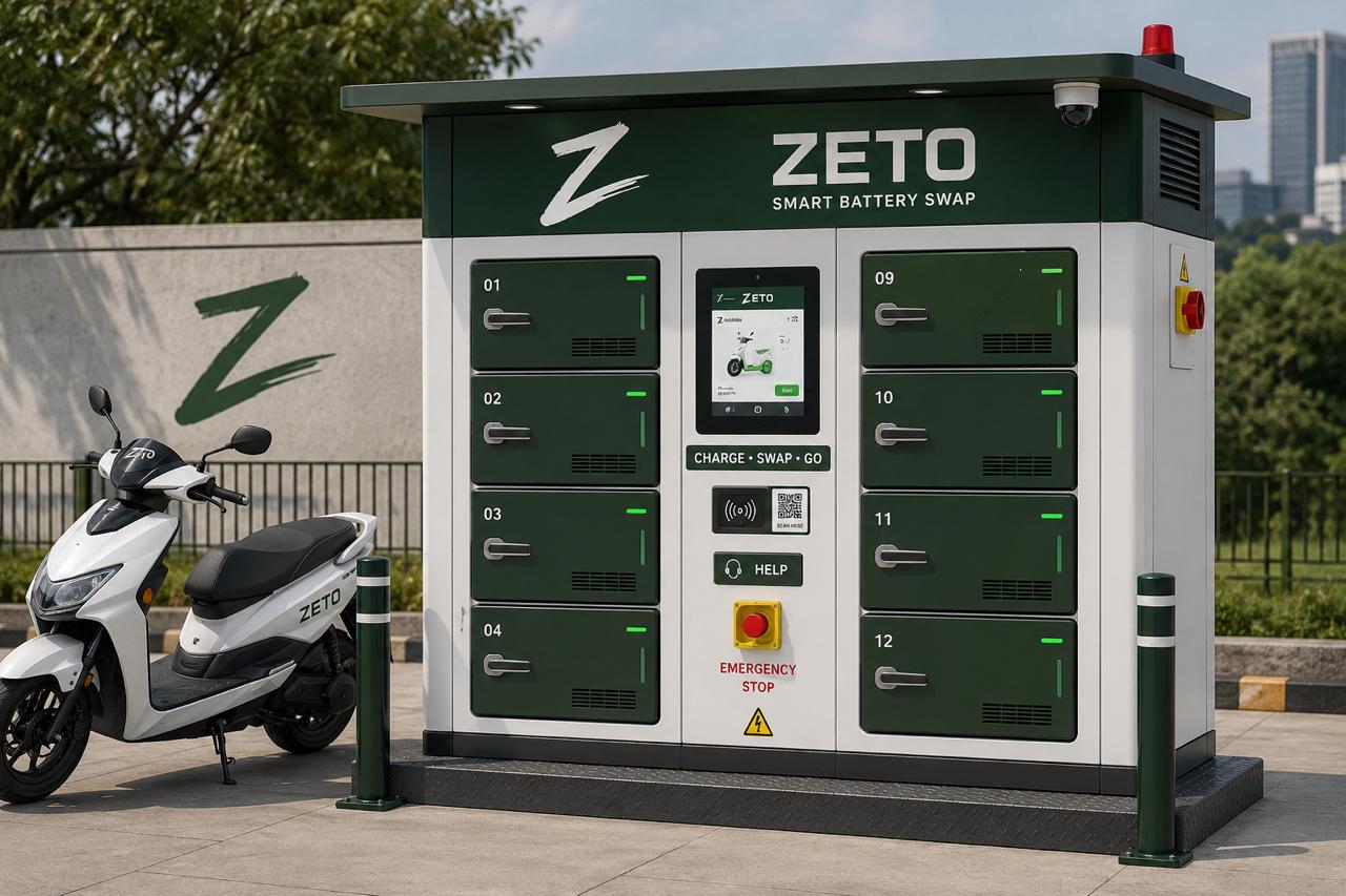 Zeto Energy battery swap station with a Zeto scooter parked alongside