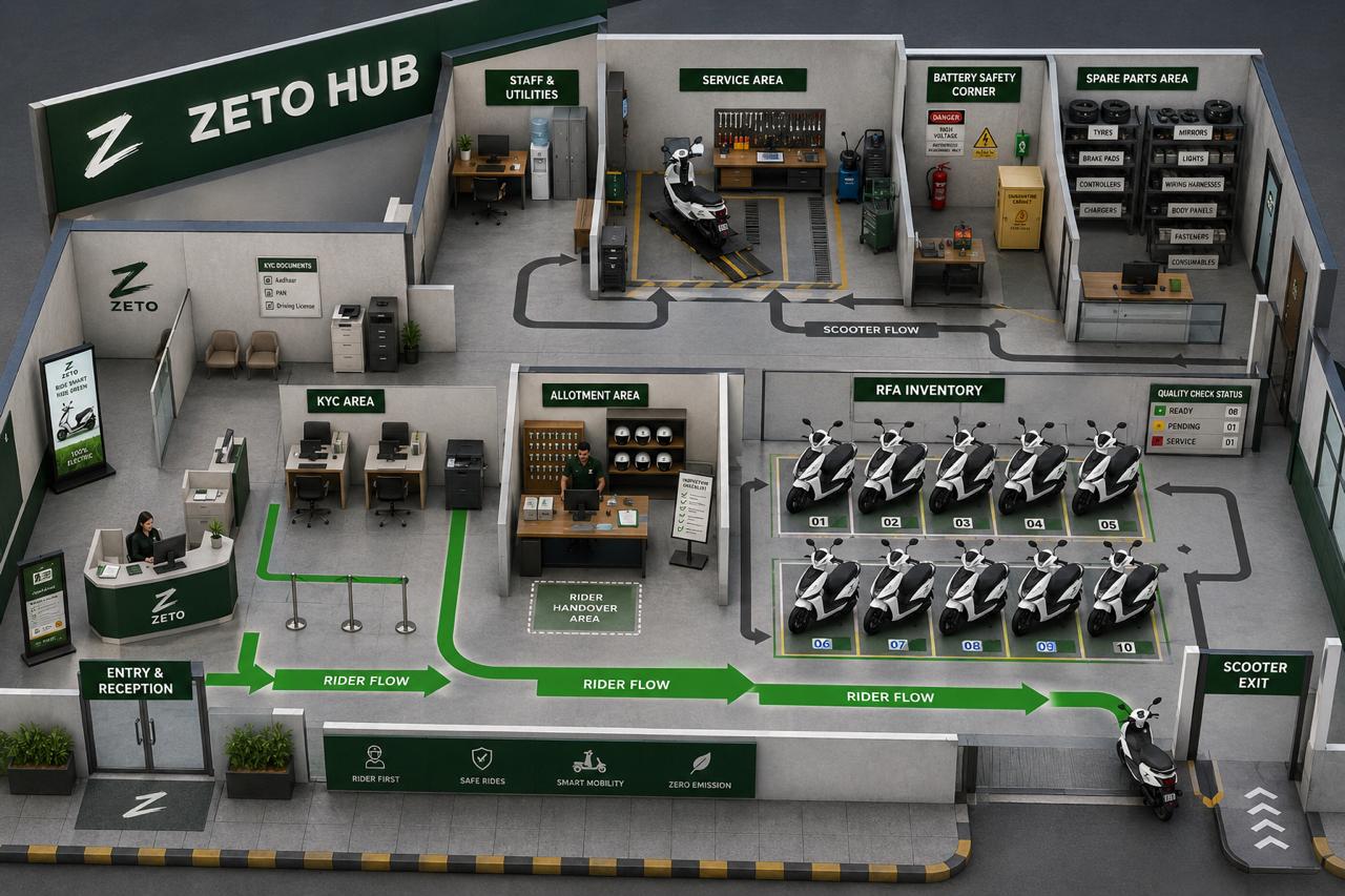 Isometric layout of a Zeto Hub showing rider flow from entry and KYC through allotment, and scooter flow through service, battery safety, spare parts and RFA inventory to exit